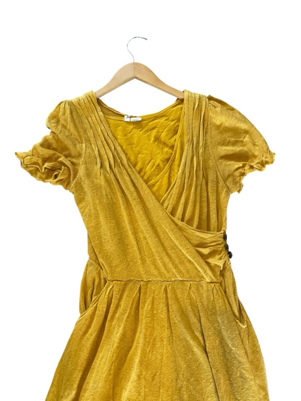 Anthropologie Moth Mustard Yellow Linen Cotton Midi Dress Womens M Faux Wrap - Picture 4 of 7
